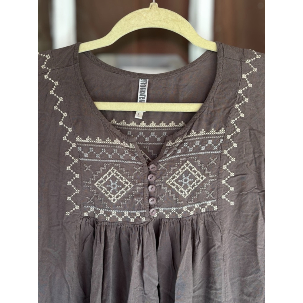 Monoreno Women's Large Brown Southwestern Embroidered Peasant Boho Tunic Top - Picture 6 of 14